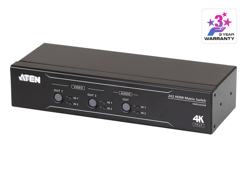 Aten VM0202HB 2x2 True 4K HDMI Matrix Switch with audio de-embedder, supports control via pushbuttons, IR remote or RS232 serial, Auto Switching Aten VM0202HB 2x2 True 4K HDMI Matrix Switch with audio de-embedder, supports control via pushbuttons, IR remote or RS232 serial, Auto Switching